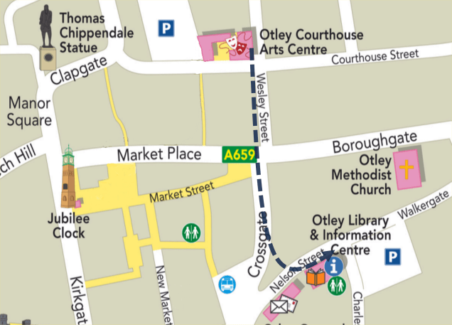 Otley map with route from Courthouse to library