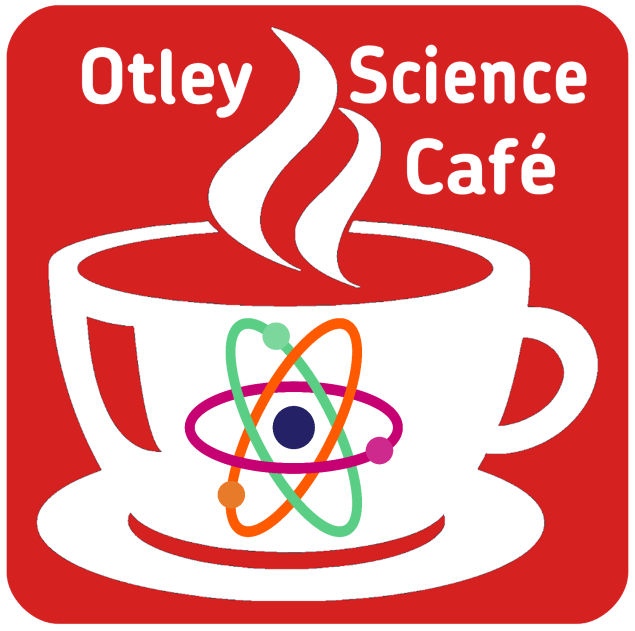 Otley Science Café logo, steaming cup with atom symbol